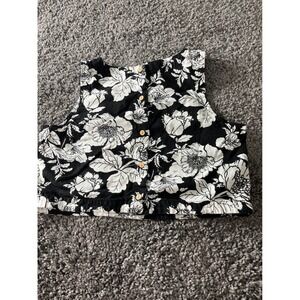 Old Navy Black White Floral Linen Blend Button Back Crop Tank Top Small